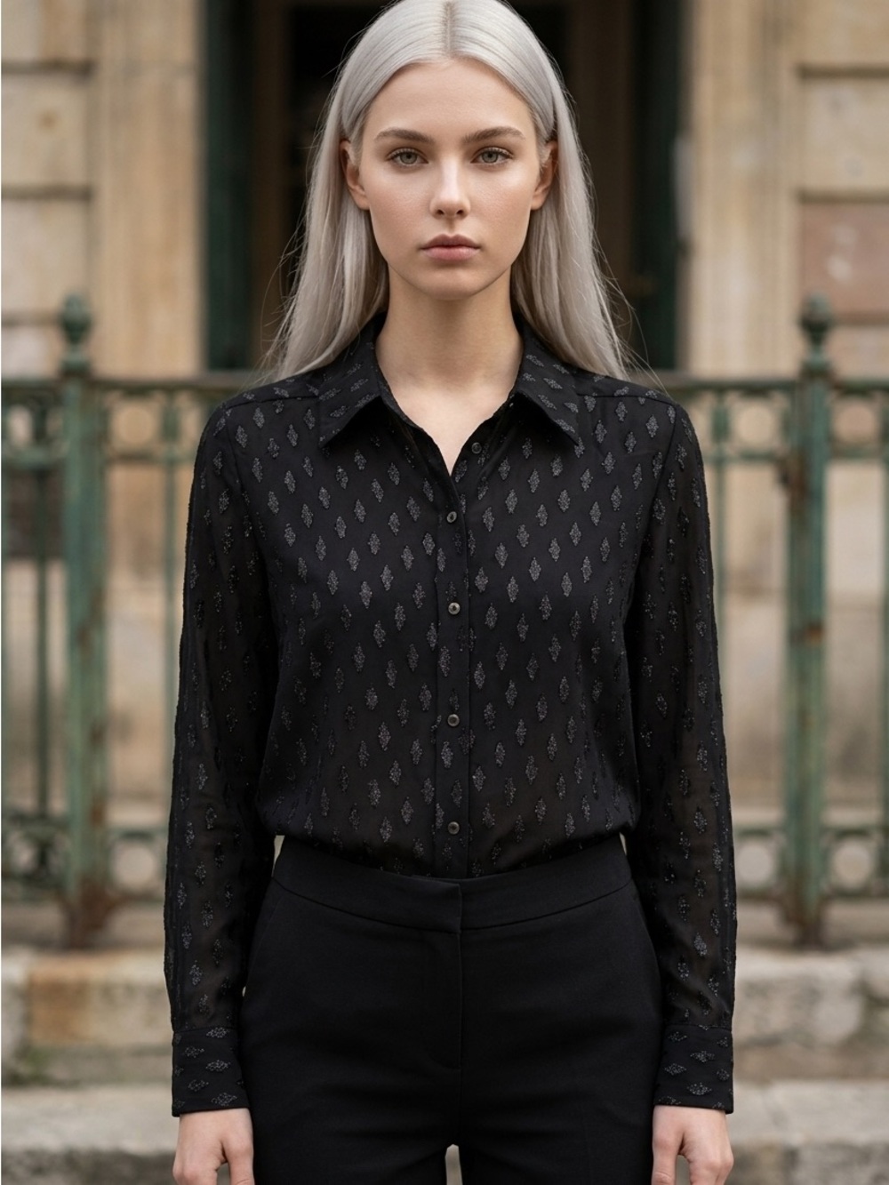 Ramy Brook Black Sheer Long-Sleeve Button-Up Shirt